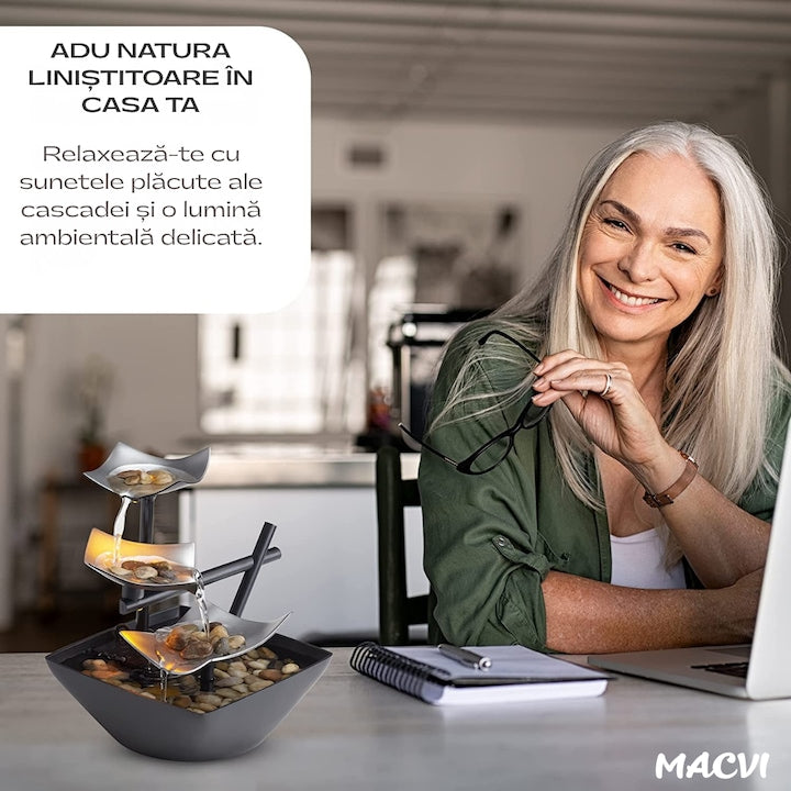 Fantana terapeutica Macvi®, sunete linistitoare ale apei, efect Zen relaxant, cu pietre naturale, bazin de apa si pompa automata, decor interior