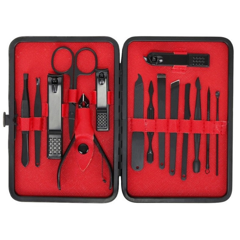 Set manichiura pedichiura Macvi® 15 piese din inox cu husa din piele ecologica si interior de velur sintetic rosu pentru ingrijirea completa a unghiilor