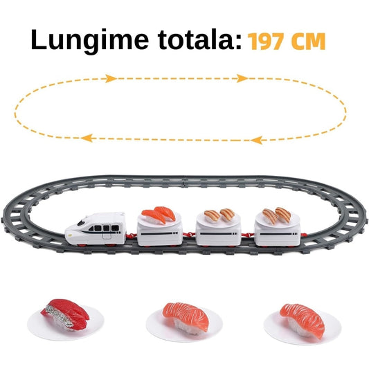 Set trenulet Macvi® pe cale ferata cu farfurii pentru servire Sushi, locomotiva electrica, 3 vagoane, 6 tavite si 12 sine, 197 cm