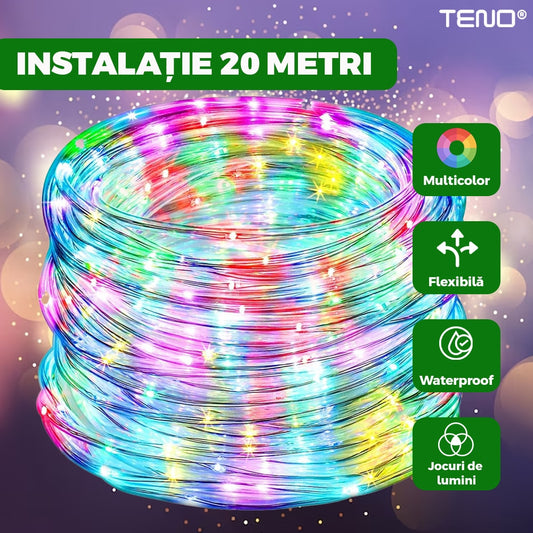 Instalatie de Craciun Tip Furtun Teno®, 20 m, 8 jocuri de lumini, alimentare la priza, transparenta, interior/exterior, rezistenta la apa, multicolor