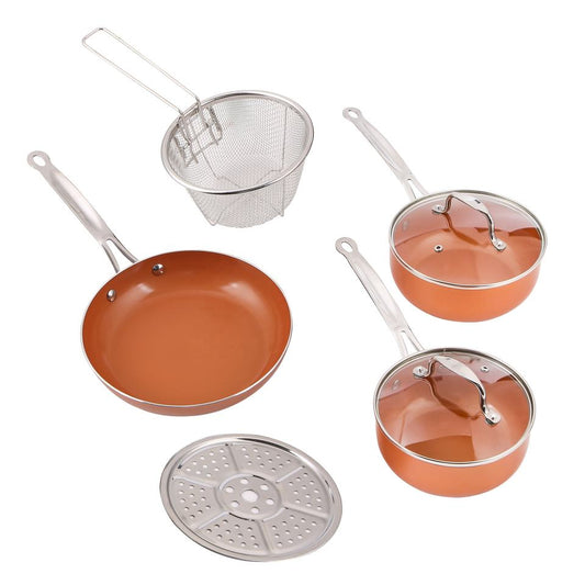 Set vase de gatit din aluminiu Macvi® 9 piese cu strat ceramic antiaderent tigaie oale cu capace cos prajire si grilaj abur compatibile inductie