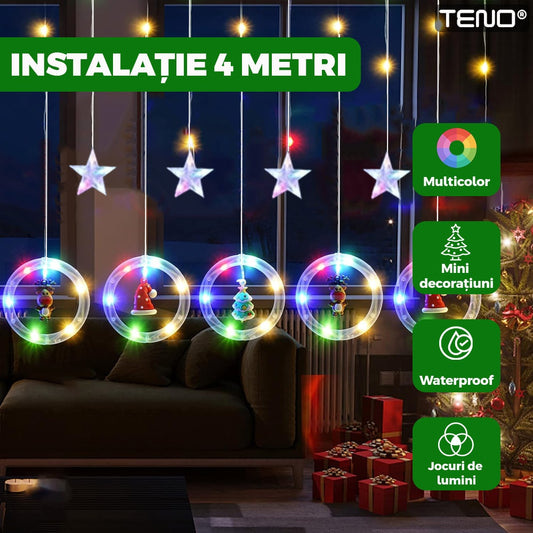 Instalatie de Craciun Tip Perdea Teno®, model cerc cu figurine si stelute, 4 m, 8 jocuri de lumini, alimentare la priza, fir transparent, interior/exterior, rezistenta la apa, multicolor