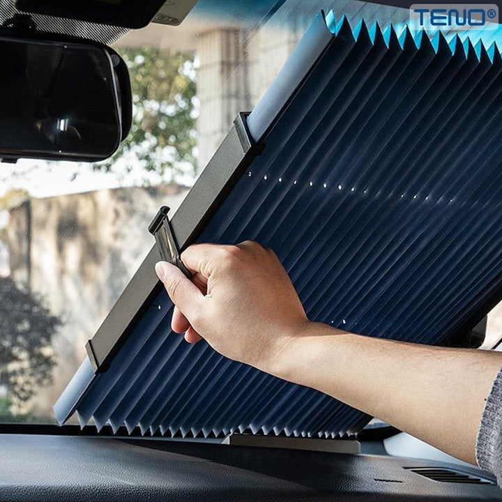 Parasolar Auto Retractabil Teno®, pliabil, universal, pentru masina/jaluzea, fereastra, montare usoara, ventuze de prindere, protectie UV, waterproof, 120x46 cm, negru