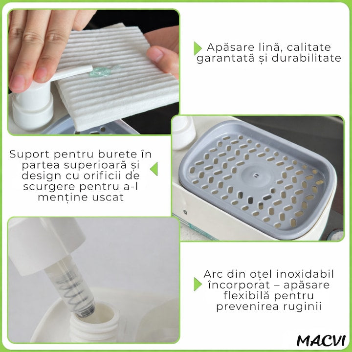 Dozator sapun Macvi® cu pompa dubla si suport burete dozator detergent vase si sapun de maini design compact pentru chiuveta