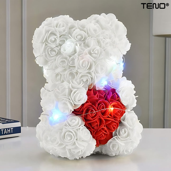 Ursulet din Trandafiri de Spuma Teno®, floral alb cu burtica rosie, handmade, cutie transparenta, 25 cm