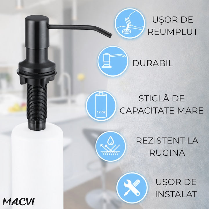 Dozator Incorporabil Macvi® Negru pentru Chiuveta Sapun Detergent Rezervor 300ml Design Modern