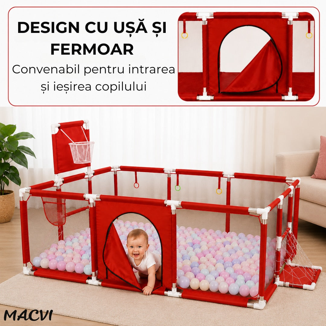 Tarc pentru copii Macvi® 100 bile incluse, gard de siguranta, 6 luni - 6 ani, 190x129x66 cm, usor de montat, otel inoxidabil, rosu