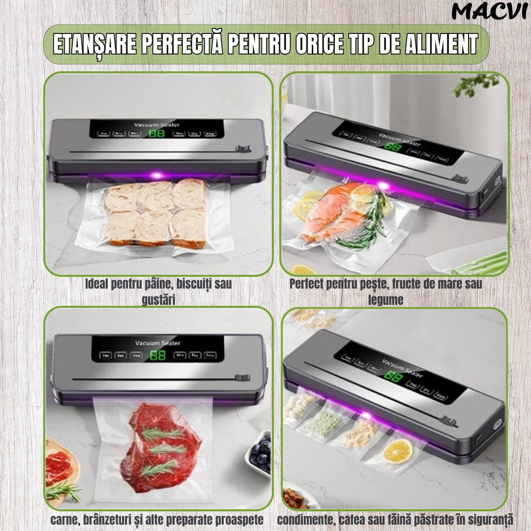 Aparat de vidat Macvi® cu taietor incorporat, sistem compact, mod uscat si umed pentru conservarea alimentelor