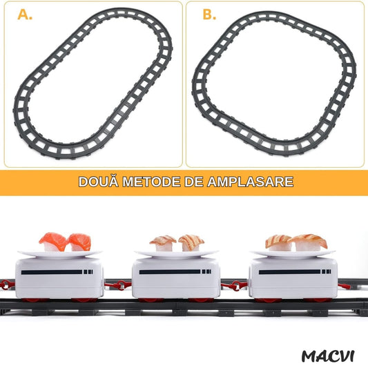Set trenulet Macvi® pe cale ferata cu farfurii pentru servire Sushi, locomotiva electrica, 3 vagoane, 6 tavite si 12 sine, 197 cm