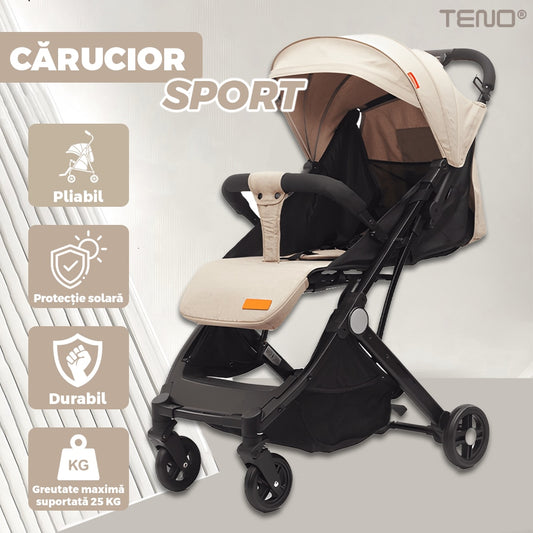 Carucior Sport pentru Bebelusi Teno®, pliabil, usor de carat, sezut reglabil, spatios, cosulet dorsal, copertina retractabila, greutate maxima suportata 25 kg, bej
