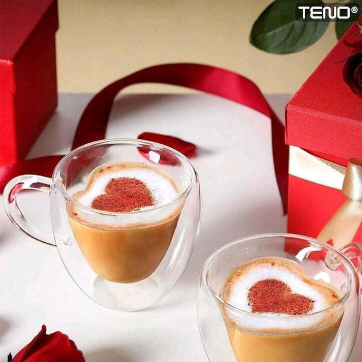 Set 2 Cani de Sticla cu Perete Dublu Teno®, model inimioara, design modern, termorezistente, capacitate 250 ml, 9 x 8 cm