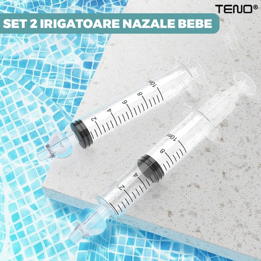 Set 2 Bucati Irigator / Dus Nazal Teno®, dispozitiv curatare sinusuri si decongestie nazala, cap din silicon, 10ml, transparent