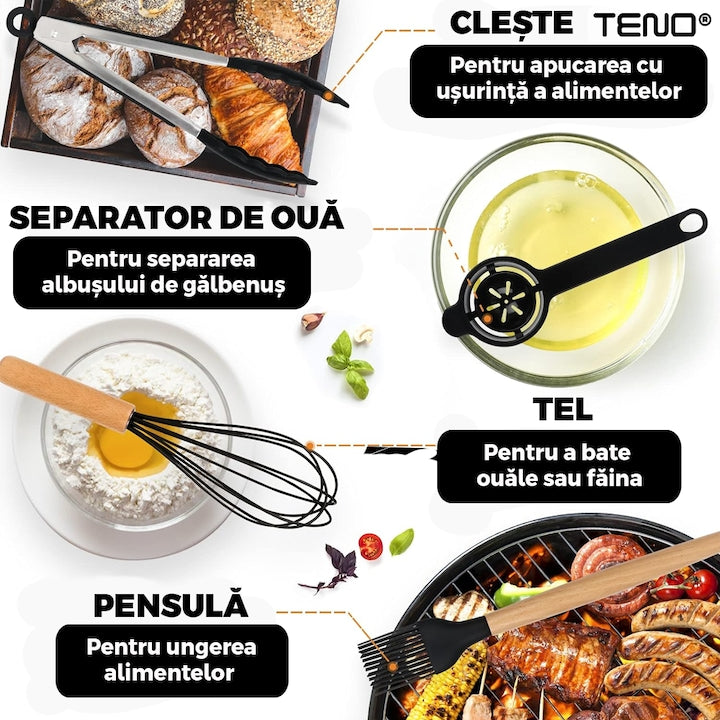 Set Ustensile Bucatarie 12 Piese Silicon Alimentar Teno®, termorezistente, antiaderente, sigure, suport inclus, negru