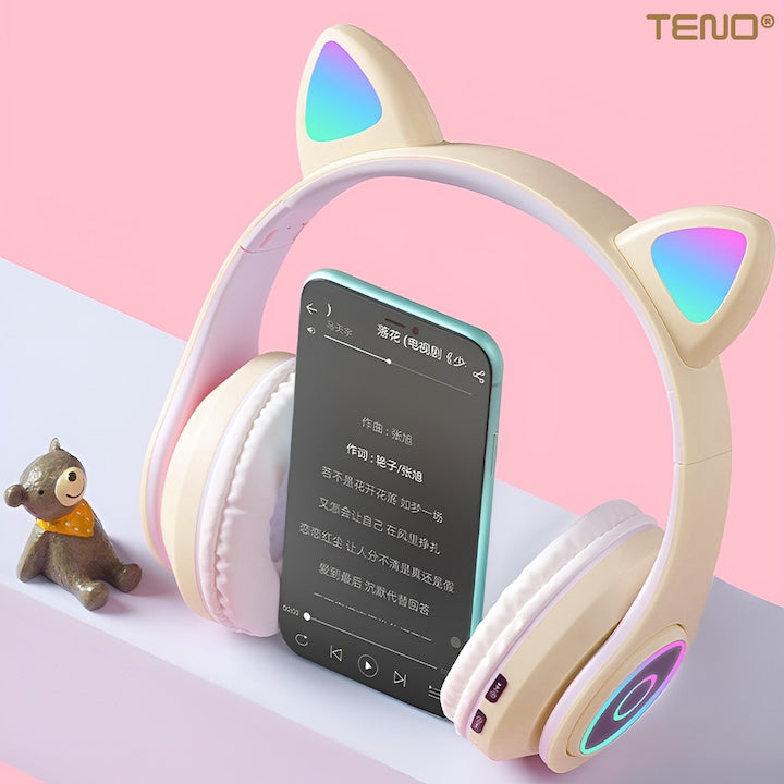 Casti Wireless Model Pisica Teno®, B39, overear, urechi de pisica cu iluminare RGB, bluetooth 5.0, handsfree, HiFi, bass stereo, kaki