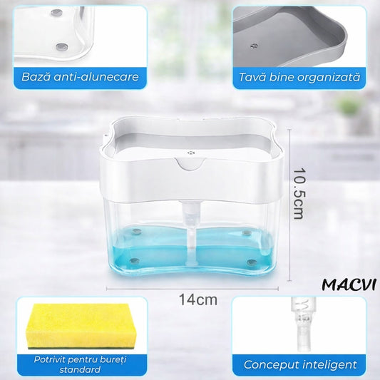 Dispenser detergent Macvi® 380 ml cu suport pentru burete, actionare prin apasare, economisire detergent