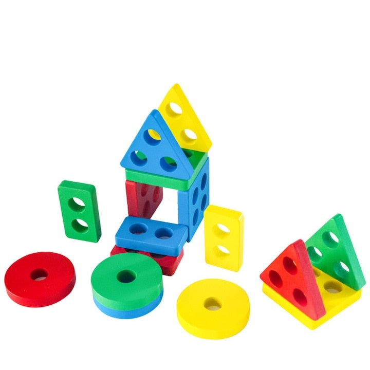 Jucarie Tip Sortat Macvi® pentru Copii, 16 Piese, Forme Geometrice, 4 Coloane de Sortare