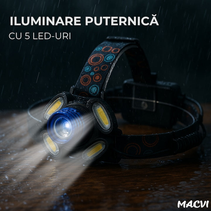 Lanterna frontala de cap Macvi® cu 5 LED-uri, iluminare puternica, banda elastica reglabila pentru confort maxim, ideala pentru drumetii si activitati afara
