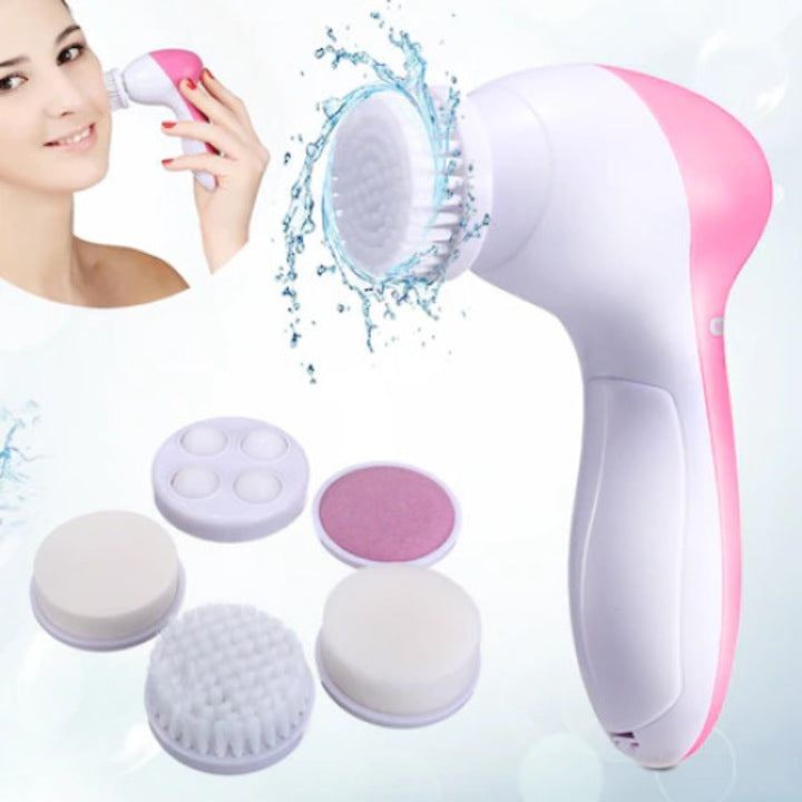 Aparat electric pentru exfoliere si masaj facial Tiessa®, 5 perii, reglare a vitezei, 13x7 cm