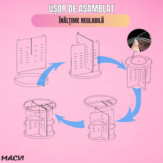 Organizator Cosmetice Rotativ Macvi® 360°, Design Reglabil, 9 Compartimente Spatioase, Montare Rapida, Ideal pentru Machiaj si Produse de Ingrijire