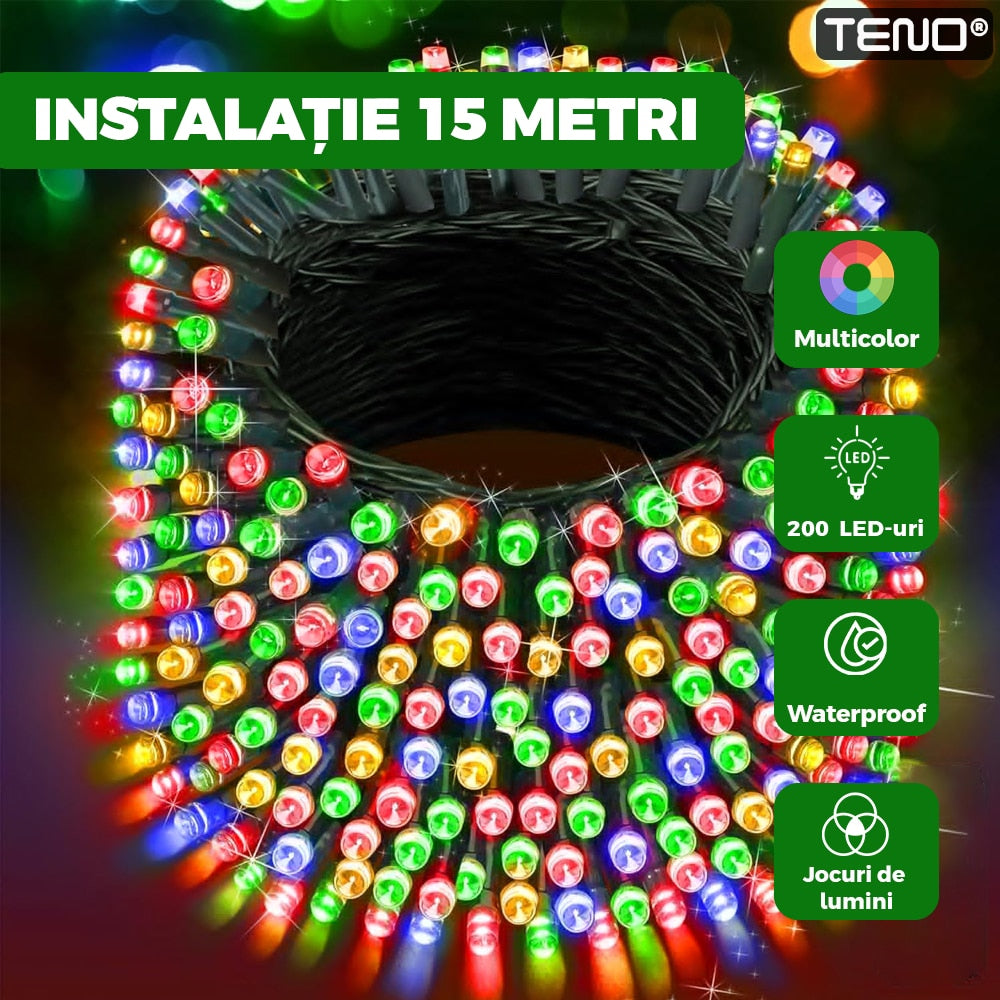 Instalatie de Craciun Liniara Teno®, 15 m, 8 jocuri de lumini, alimentare la priza, interior/exterior, rezistenta la apa, 200 LED-uri, multicolor