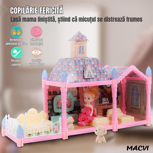 Casuta de asamblat luminoasa Macvi®, 71 piese, mobilier si accesorii detasabile, functie de iluminare, plastic ABS durabil, multicolor, cadou pentru copii 3+