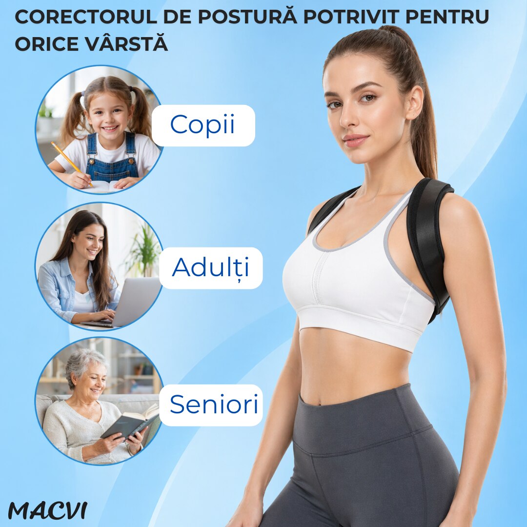 Centura corectoare postura Macvi®, pentru indreptare spate, coloana si umeri, Negru, Marime M, reglabila