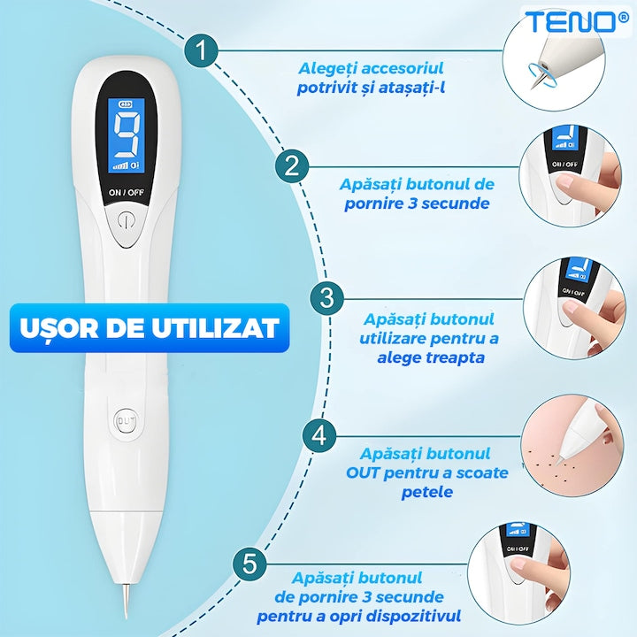 Stilou cu Plasma Teno®, pentru indepartarea alunitelor, petelor pigmentare, accesorii incluse, eficienta ridicata, autonomie mare, afisaj digital, alb