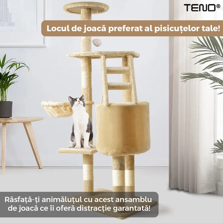 Ansamblu de Joaca pentru Pisici Teno®, tip turn, 1 platforma de observatie, 4 niveluri, 1 casuta, scara, franghie si mingiute de joaca, stalpi pentru zgariat, captuseala extra moale, structura stabila, 118 cm, bej