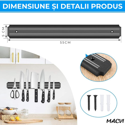 Suport magnetic pentru bucatarie, MACVI, 55x5cm, inox, argintiu