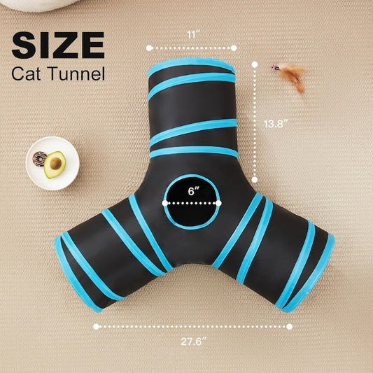 Tunel pliabil pentru pisici Macvi®, 3 cai, cu clopotei, poliester rezistent, portabil, 28x28x5 cm, albastru