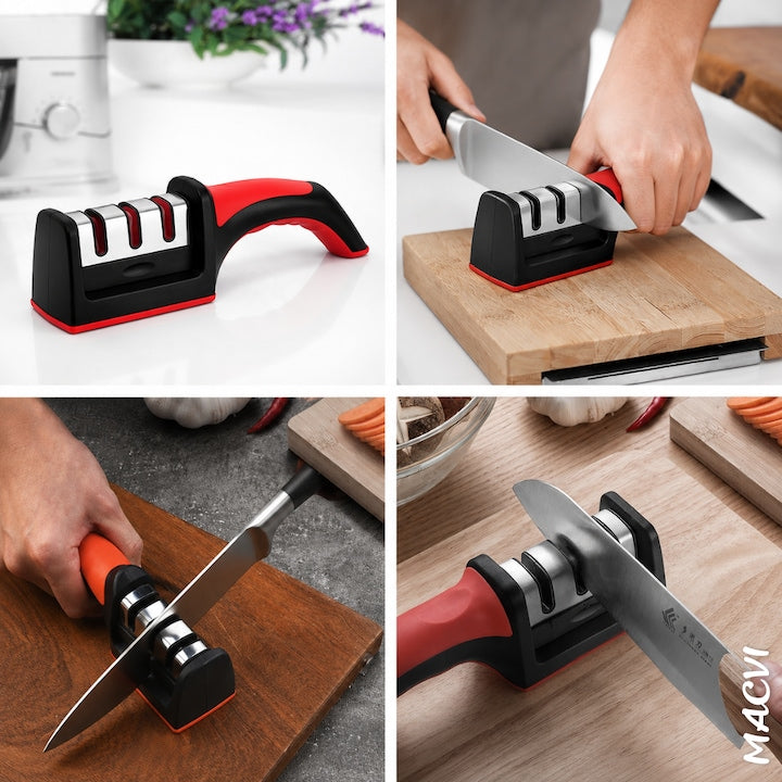 Ascutitor Manual Cutite Macvi® 3 in 1, 3 Etape de Ascutire, Otel Inoxidabil + Ceramica, Cap Detasabil, Maner Ergonomic, Baza Antiderapanta, ABS, 21.3 x 5.8 x 4.8 cm, Negru/Rosu