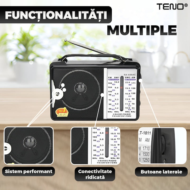 Radio Portabil Teno®, FM/AM/SW1/SW2, mod dual de alimentare, baterii/la priza, receptie ridicata ce prinde posturi regionale/la sate, negru