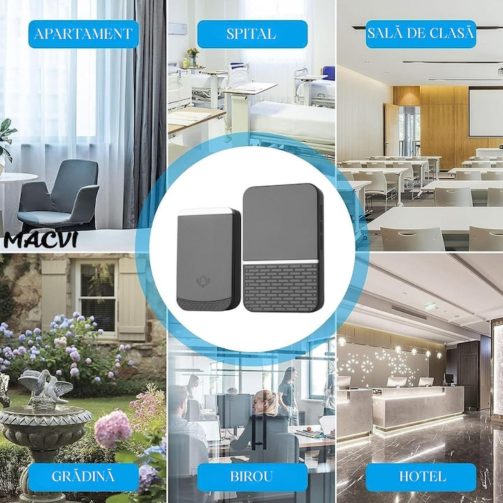 Sonerie fara fir Macvi®, wireless, 260 m raza, 4 niveluri volum, rezistenta apa IP44, fixare dubla, negru