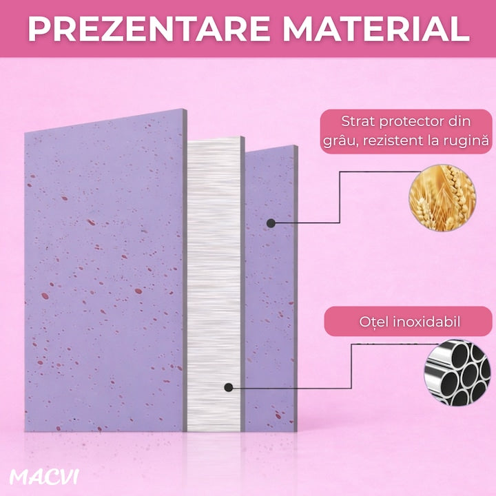 Set cutite bucatarie Macvi® 7 piese, otel inoxidabil, foarfece, curatator legume, tocator inclus, pentru carne, fructe si legume