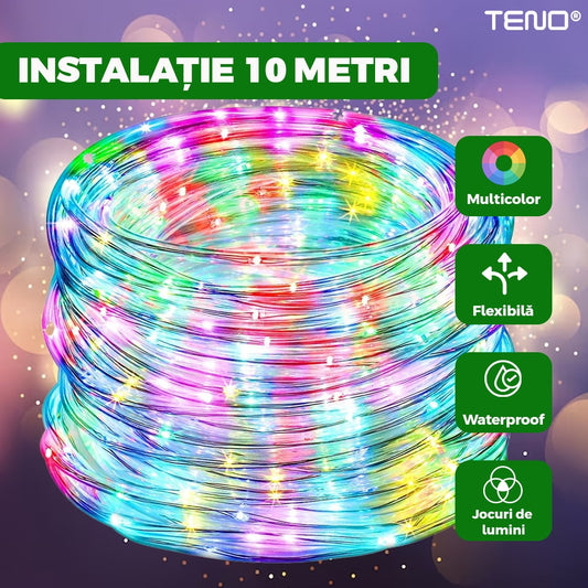 Instalatie de Craciun Tip Furtun Teno®, 10 m, 8 jocuri de lumini, alimentare la priza, transparenta, interior/exterior, rezistenta la apa, multicolor