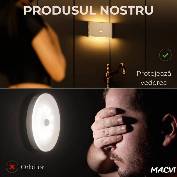 Lampa veghe Macvi® dreptunghiulara pentru perete cu senzor de miscare si senzor crepuscular, LED 3000K cu iluminare laterala, reincarcare USB-C pentru baie, dormitor si scari, 1 buc