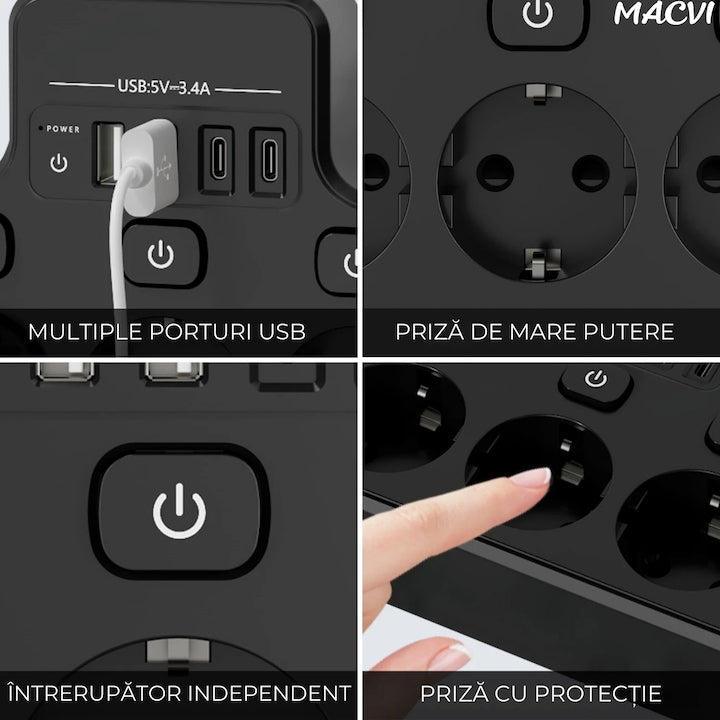 Multipriza Macvi cu 4 prize Schuko, 4 porturi USB, control individual, 4000W, extensie electrica pentru birou si acasa
