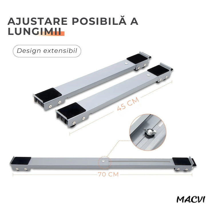 Dispozitiv Cu Roti Macvi® pentru Mutare Frigider si Electrocasnice, Suport Mobil Extensibil din Metal 45-70 cm, Roti Duble Rezistente, Sistem Anti-alunecare
