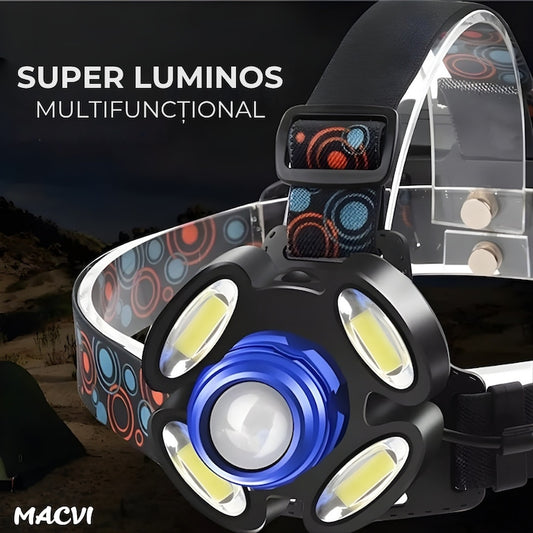 Lanterna frontala de cap Macvi® cu 5 LED-uri, iluminare puternica, banda elastica reglabila pentru confort maxim, ideala pentru drumetii si activitati afara