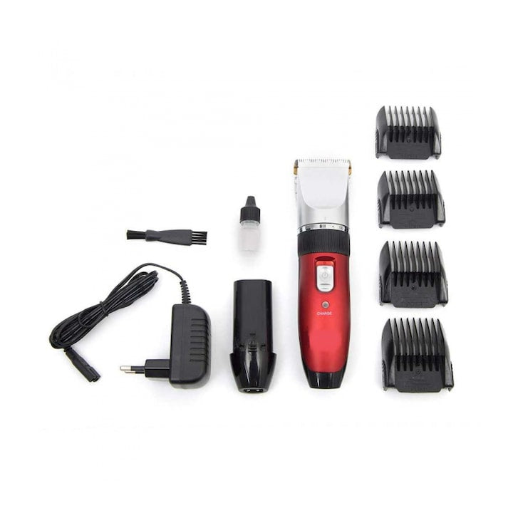 Masina Profesionala de Tuns, Tiessa®, Lama Titan, 4 Capete Interschimbabile, Rosu/Negru