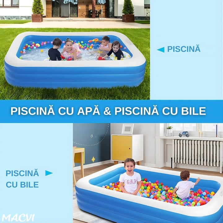 Piscina gonflabila Macvi® din PVC rezistent, 150×105×50 cm, 1-3 persoane, pereti grosi, design confortabil pentru gradina si curte