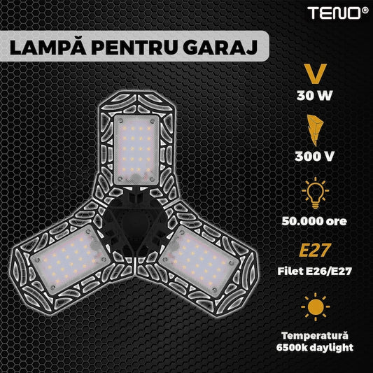 Lampa LED cu 3 Brate Mobile Teno®, 3 aripi pliabile, 36 LED-uri, flux luminos 3000LM, lumina alba rece 6000-6500K, bec iluminare pentru interior garaj/depozit/atelier, negru