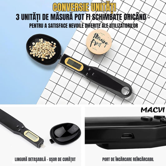 Lingurita de masurat digitala Macvi®, capacitate 500 g, precizie 0.1 g, cu afisaj LCD, pentru ingrediente solide si lichide, Negru