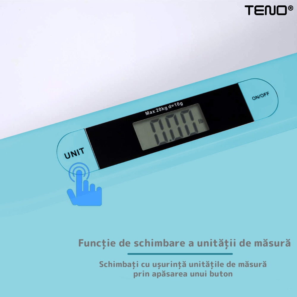 Cantar Electronic cu Display LCD Teno®, precizie la nivel de gram, greutate max 20KG, design ergonomic, ultra slim, albastru