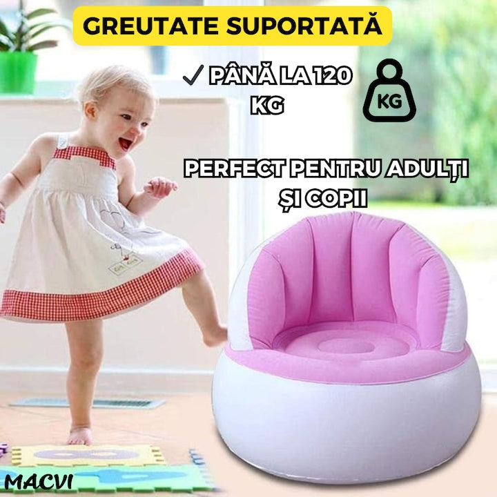 Scaun gonflabil confortabil cu pompa inclusa, design modern, dimensiuni 85x70 cm, ideal pentru interior si exterior, roz