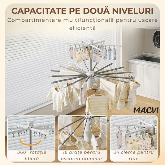 Uscator de rufe vertical Macvi®, 2 nivele, pliabil, mobil, suport umerase, 16 tije, 24 cleme, 170 cm, uscare 360°