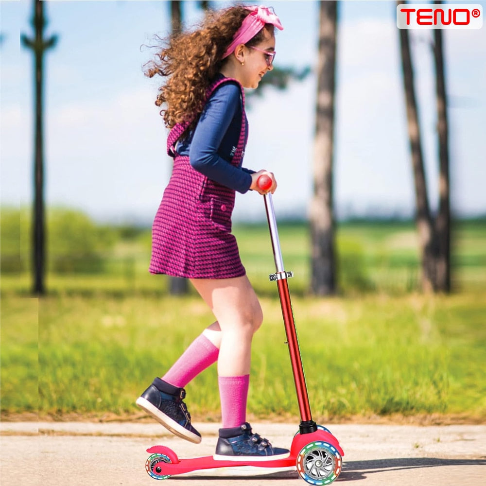 Trotineta pentru Copii cu Lumini Teno®, 3 roti, pliabila, anti-aluncare, inaltime ajustabila, stabila, frana, incorporata, 3-11 ani, rosu