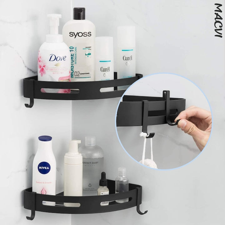 Raft de dus Macvi® set etajera baie aluminiu negru design modern si rezistent montaj usor spatiu optimizat