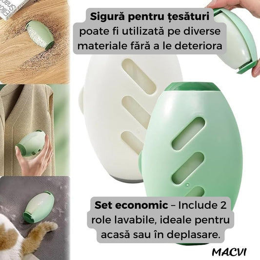 Set 2 role scame reutilizabile Macvi®, lavabile, super adezive, mini, portabile, ideale pentru haine, par de animale si calatorii