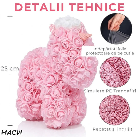 Unicorn decorativ din trandafiri roz Macvi® cadou elegant lucrat manual spuma premium 25 cm cutie inclusa
